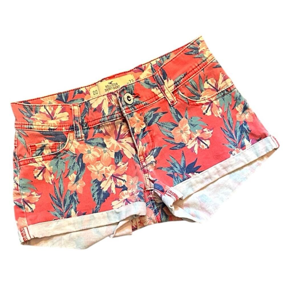 Hollister Coral Floral Tropical Orange Print Short Shorts Size 00 Waist 23